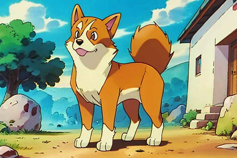 there is a tan and white welsh corgi in the style of a fire type Pokémon.
