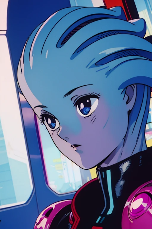 1990s \(style\), retro artstyle, 1990s anime cels style, best quality, high resolution, solo, indoors, retro anime, absurdres, 1girl, asari, blue_skin, close up, complex science fiction costumes, cyberpunk, looking-into-camera