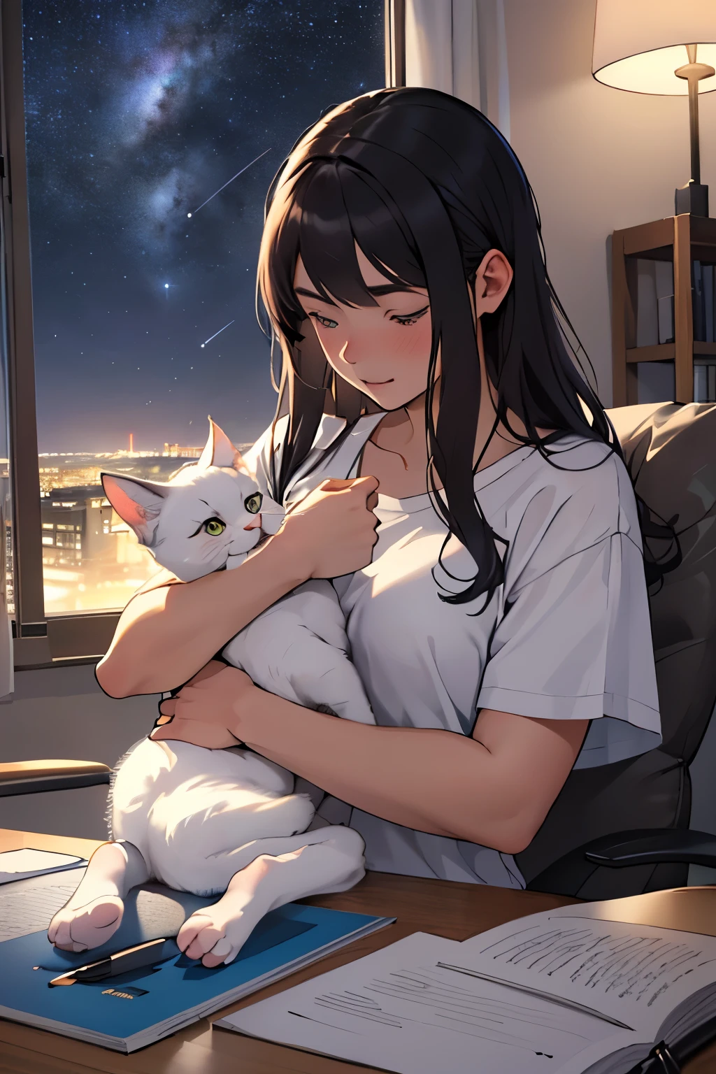((La mejor calidad)), ((Obra maestra)), (Detallado), girl, apoyada en un escritorio, petting her little white kitten, es de noche, el cielo esta lleno de estrellas