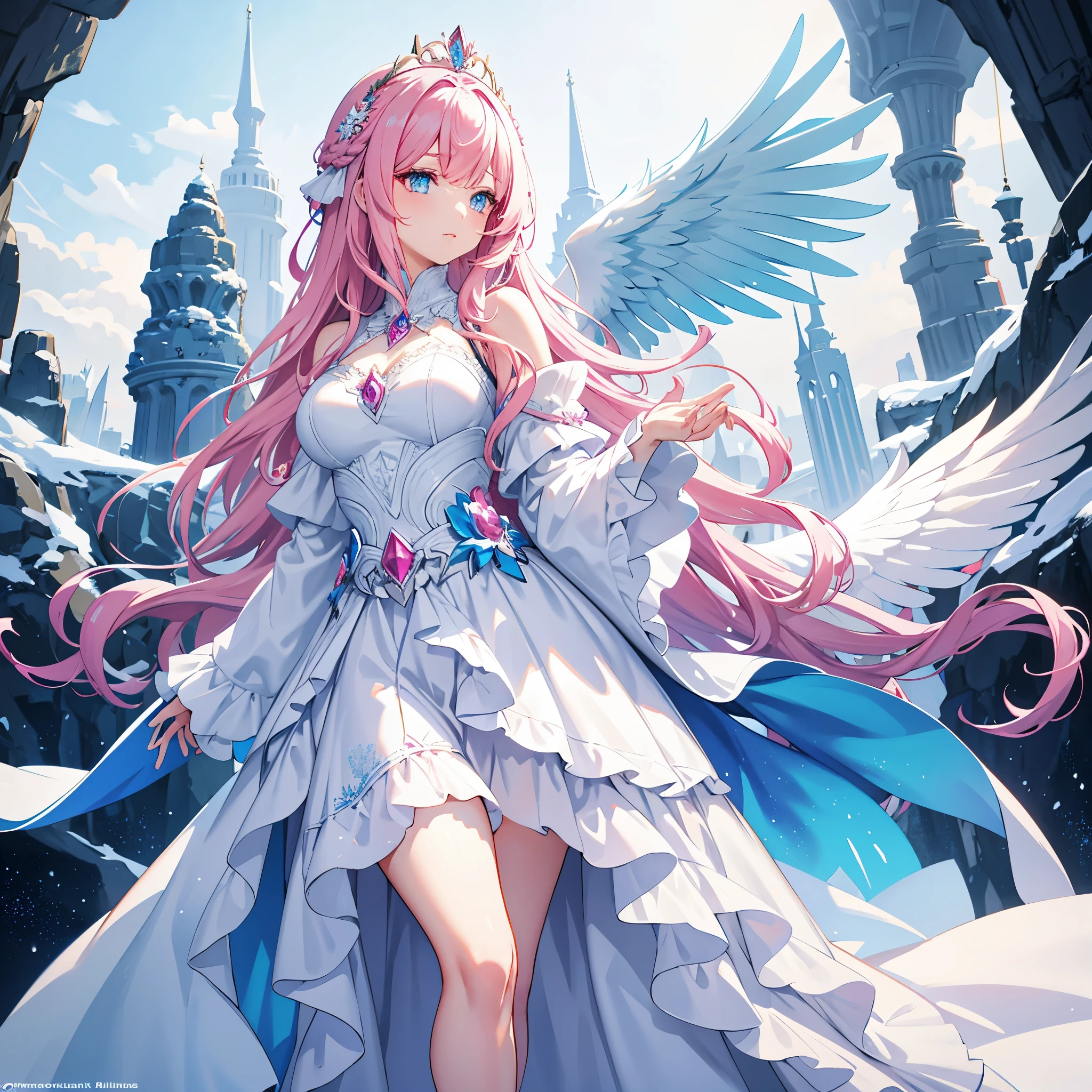 In a land of and snow, a lonely queen, with pink and blue curls and eyes, and huge blue phoenix wings on her back, dressed conservatively, her eyes cold, and a sword in one hand