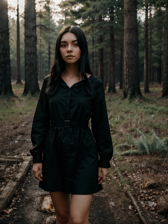 Potrait, Female person, light skin, black hair, green eyes, sad, wearing Black house dress, Standing in a burning forest, photography ,32K