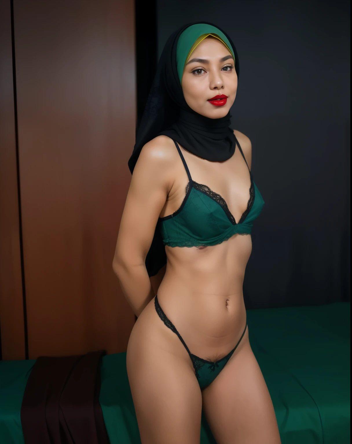 ((MALAY HIJAB GIRL)), 58 years Old, Hijab Indonesian mature woman, Flat Tits : -0.1, ((FLAT CHEST)), ((TIGH DRESS)), ((UNDRESS)), ((RED LIPS)), ((TRANSFARENT)), ((RED LACE)), ((BLACK HAIRY )),