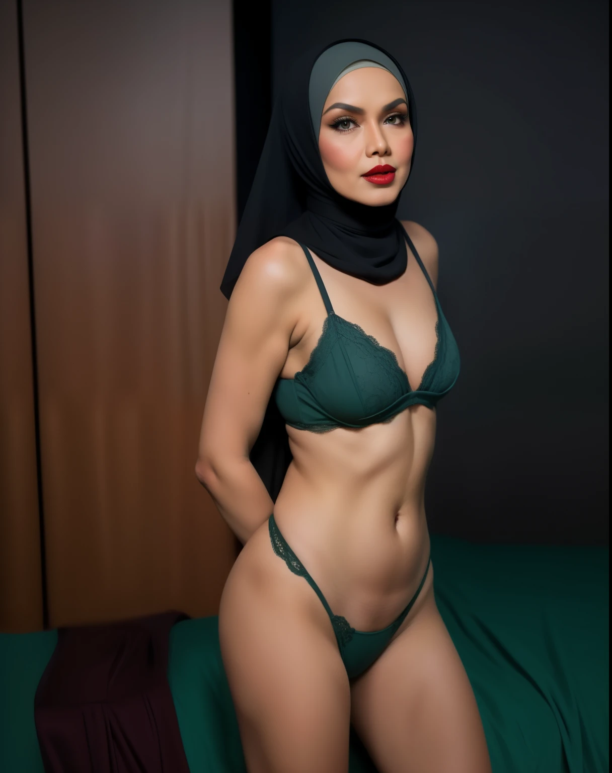 ((MALAY HIJAB GIRL)), 58 years Old, Hijab Indonesian mature woman, Flat Tits : -0.1, ((FLAT CHEST)), ((TIGH DRESS)), ((UNDRESS)), ((RED LIPS)), ((TRANSFARENT)), ((RED LACE)), ((BLACK HAIRY )),