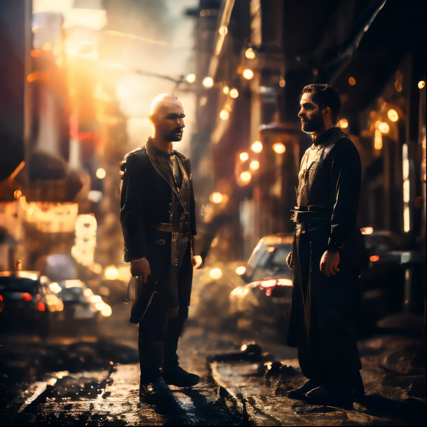 three 30 year old men standing on the outskirts of town talking to each other, calmly speaking 8k, one man in biblical clothes, two men in tattered clothes ,ghutra and egal, joseph and joseph, still from live action film, portrait, historical drama, edited , beautiful images, mysticism, [ full color , shutterstock , two characters , beautiful man , by Harold von Schmidt , by Robert Brackman