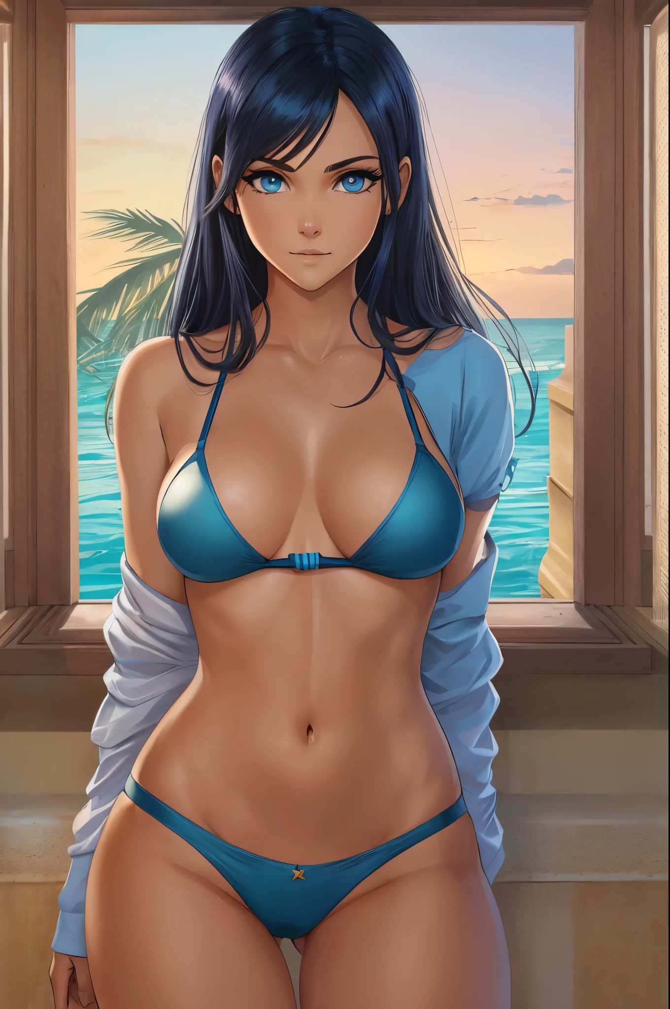 hiper_realista,(controlnet de pie, )Crea a a Nico Robin cuerpo completo , mujer alta, Slim but athletic, con pelo obscuro hasta los hombros,Sus ojos son de color azul (with large and wide dark blue pupils at first dark later),Su nariz es larga y recta, delgada y definida. Las piernas son largas tiene una cintura estrecha, usa ropa pirata --auto --s2