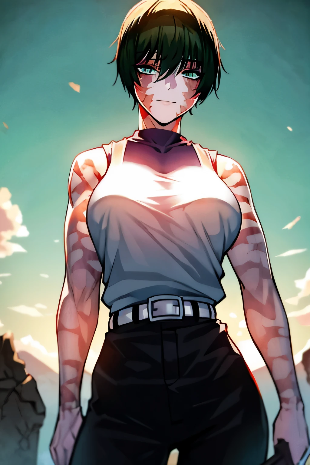 1girl,breasts,scar,short hair,green hair,solo,belt,pants,large breasts,high-waist pants,scar on face,cloud,black pants,sky,holding,outdoors,shirt,green eyes,bangs,hair between eyes,weapon,cowboy shot,looking at viewer,smile,sleeveless,white belt,black shirt,pillar,day,standing,holding weapon,genderswap (mtf),cloudy sky,