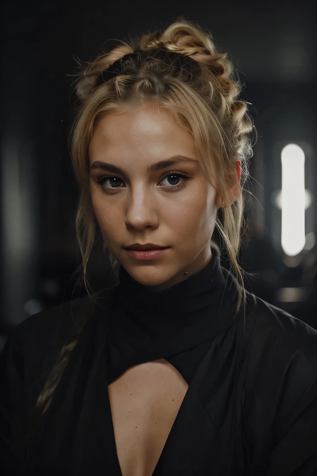 "eye contact, blond with bun hair, dark theme"