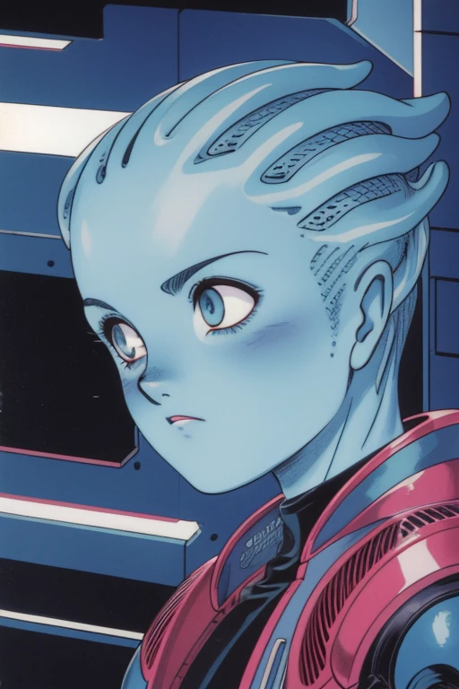 1990s \(style\), retro artstyle, 1990s manga cels style, best quality, high resolution, solo, indoors, retro manga, absurdres, 1girl, asari, blue_skin, close up, complex science fiction costumes, cyberpunk, looking-into-camera