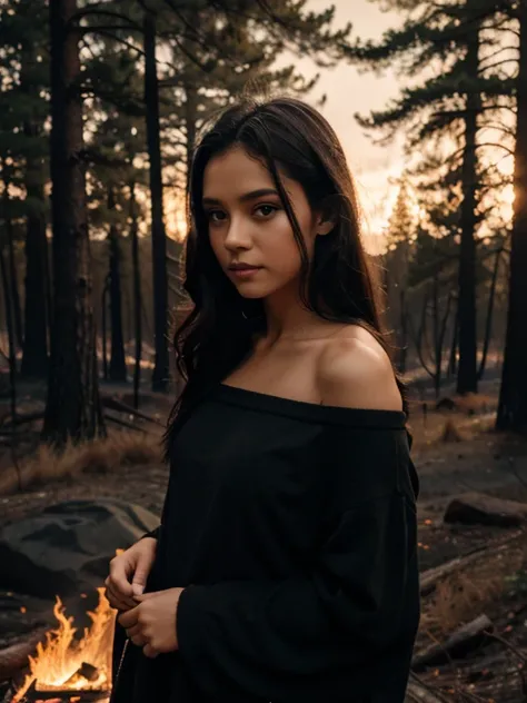 potrait, female person, light skin, black hair, green eyes, sad, wearing black house dress, standing on a burning forest,surroun...