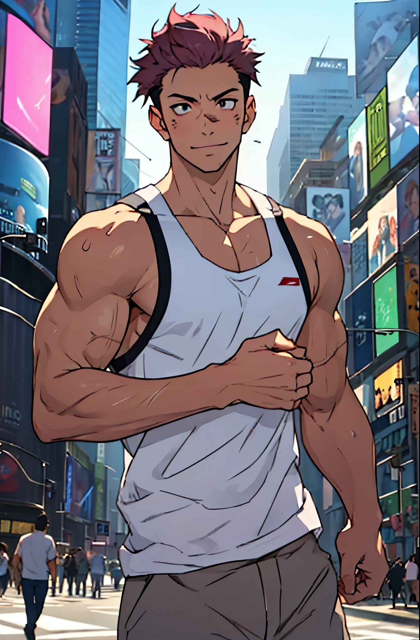 A mais alta qualidade, 8K, image high resolution, Detailed strokes, no meio de uma avenida movimentada estilo Times Square, inverno, apoiado em um dos postes, adolecente, sexy face, sexual pleasure, Dark Pink Hair, wearing a tank top , masculo, chest a little tight in the shirt , (Angulo de Baixo), (Angulo Perto) , pernas definidas, defined arms, abdomen definido, com a camisa,