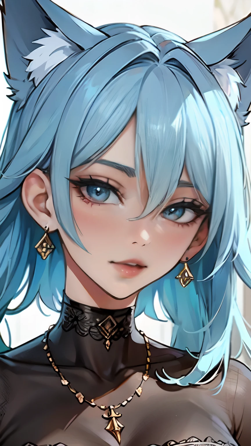 Nsfw, Masterpiece, beautiful art, professional artist, 8k, art style by sciamano240, very detailed face, very detailed hair, 1girl, perfectly drawn body, beautiful face, long hair, light blue hair , very detailed blue vertical cat eyes, pouty lips , rosey cheeks, intricate details in eyes, close up on face, looking straight at viewer, wearing a deep V low cut dress , in love with viewer expression , black choker,  cheerful smile, milf, light make up , wedding ring , lipstick, wink, hands behind head, 