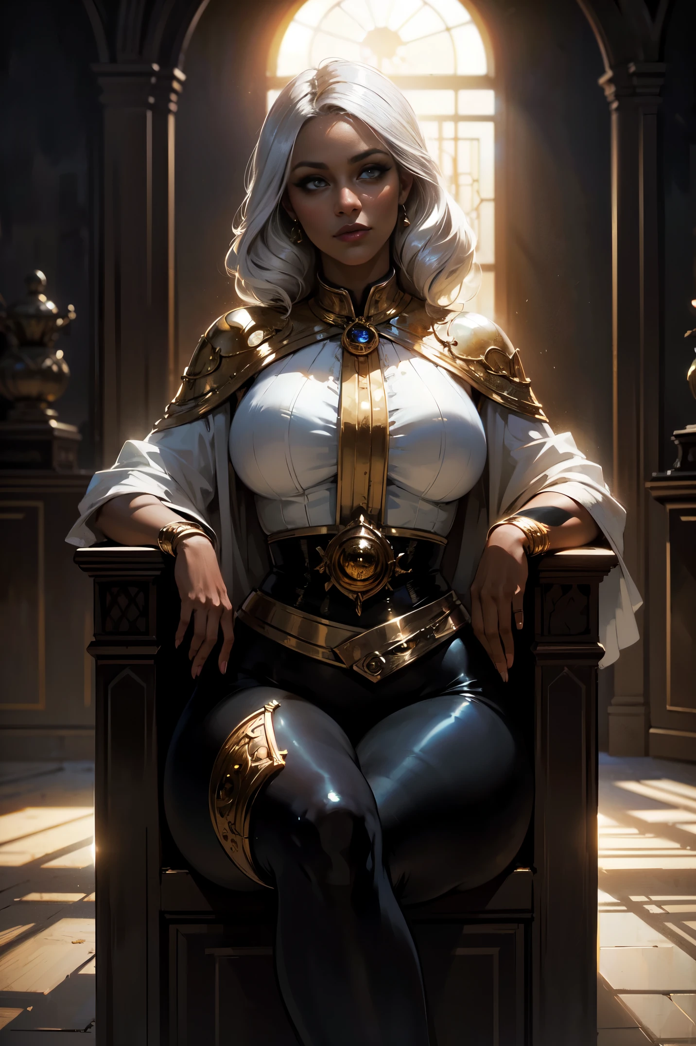 (masterpiece, best quality, high quality, extremely detailed, hyperrealistic, CG, unity, 4k), (dark theme:0.9), (beautiful priestess, sharp features, (dark skin:1.4), (white hair), makeup, eyeliner, eyelashes, mascara, huge breasts, wide hips, slim waist, thick tights, curvy, (skimpy robes, white and gold clothes, desert, temple,), detailed eyes), Volumetric lighting, full shot, looking at viewer, baroque oil painting by Greg Rutkowski, Artgerm, WLOP, Alphonse Mucha dynamic lighting intricately detailed, (hdr:1.22), muted colors, complex background, amandine van ray