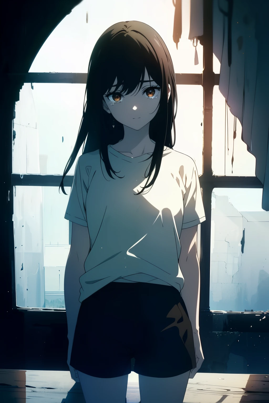 ((((Obra maestra, La mejor calidad, ultrahigh resolution)))), 1girl, standing, (tears in eyes), (baggy white t-shirt, loose fitting blue shorts), (((lack hair, dark black hair over eye:1))), long hair cut, pale skin, ((brown eyes)), glowing_eyes, neon eyes, (ultra detailed eyes:0.7, beautiful and detailed face, detailed eyes:0.9), ((centered)), smile, ((wide shot)), facing viewer, ((vibrant background, bright lighting, summer, sunlight)), flat chested, looking at viewer, ((half closed eyes)), ((perfect hands)), (((head:1, arms, hips in view, elbows, arms, in view))), ((hands behind back)), empty eyes, beautiful lighting, outside, outdoors, background, defined subject, 25 years old, head tilt, (((cool looking)))