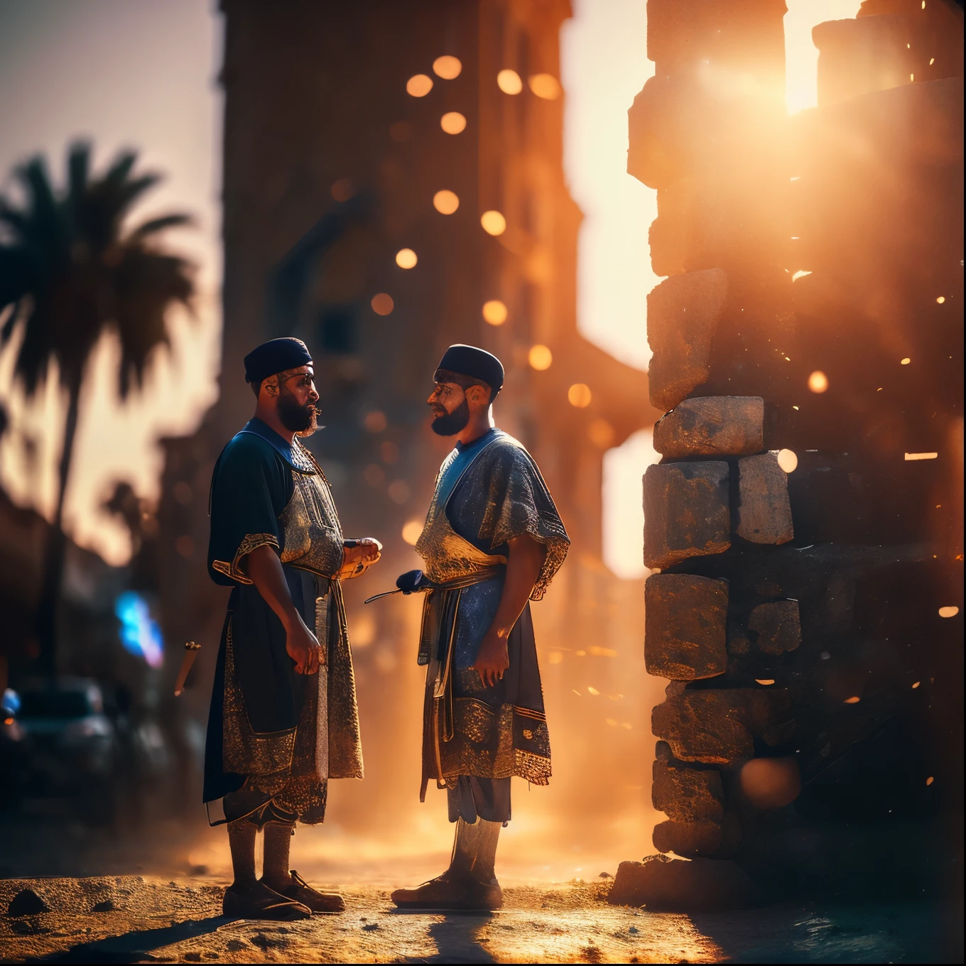 three 30 year old men standing on the outskirts of town talking to each other, calmly speaking 8k, one man in biblical clothing, two men in tattered clothing ,ghutra and egal, joseph and joseph, 1400 years ago Ancient Israel, Biblical Times, 1st century ( Best Quality, 4k, 8K, high resolution, Masterpiece: 1.2), Highly detailed, (realistic, Photorealistic, Realistic: 1.37 ) , portrait a, Vibrant colors, studio lighting, Sharp focus, physical rendering, extreme detailed descriptions, Islamic Topics, 1st century scene, shining light.