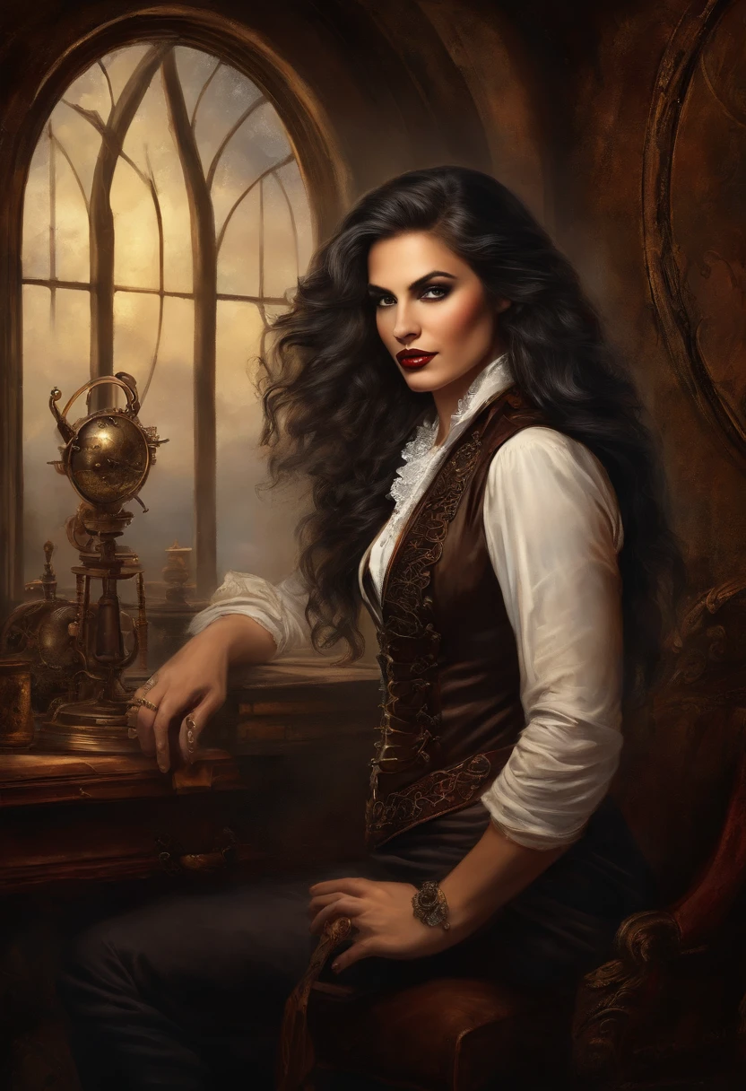 ((Painting of a vampire with long hair)), sexy and masculine body, strong and hot, looking at the camera, ((Victorian era style)), ((in a room with moonlight coming through the window)). Night scene with full moon, dynamic lighting, in the dark, deep shadow, sexy and hot, vivid colors, Victorian Era Style, Digital fantasy portrait, Stylish digital painting, fantasy portrait art, fantasy portrait, digital art painting, UHD 4K, beautiful fantasy portrait