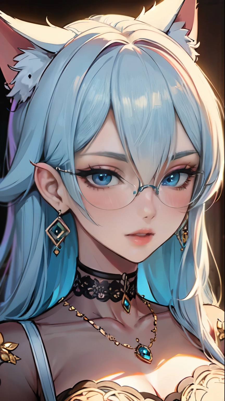 Masterpiece, beautiful art, professional artist, 8k, art style by sciamano240, very detailed face, very detailed hair, very detailed clothes, very detailed fabric, 1girl, perfectly drawn body, beautiful face, long hair, light blue hair , very detailed blue cat eyes, square glasses, pouty lips , rosey cheeks, intricate details in eyes, extreme close up of face, see only head and neck, staring directly at viewer, wearing a sheer top, necklace, choker, earrings, sultry expression,