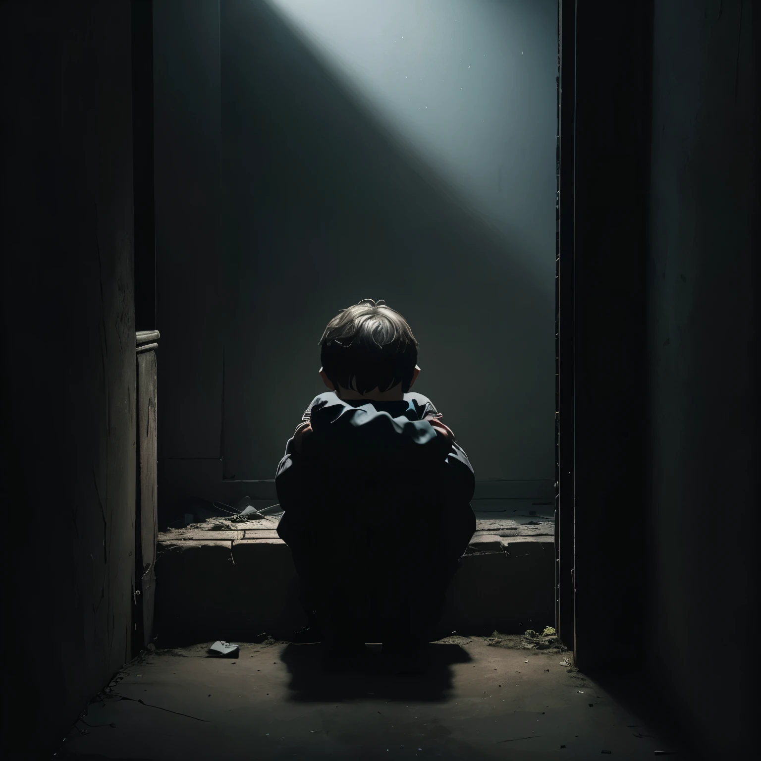 Compose a compelling image that summarizes the themes of the puzzle, darkness, Curiosity, And memories. Picture a boy sitting in the corner, Enveloped in shadows, With his head between his legs, Adding an element of introspection and emotion to the evocative scene, A highly detailed, 8k