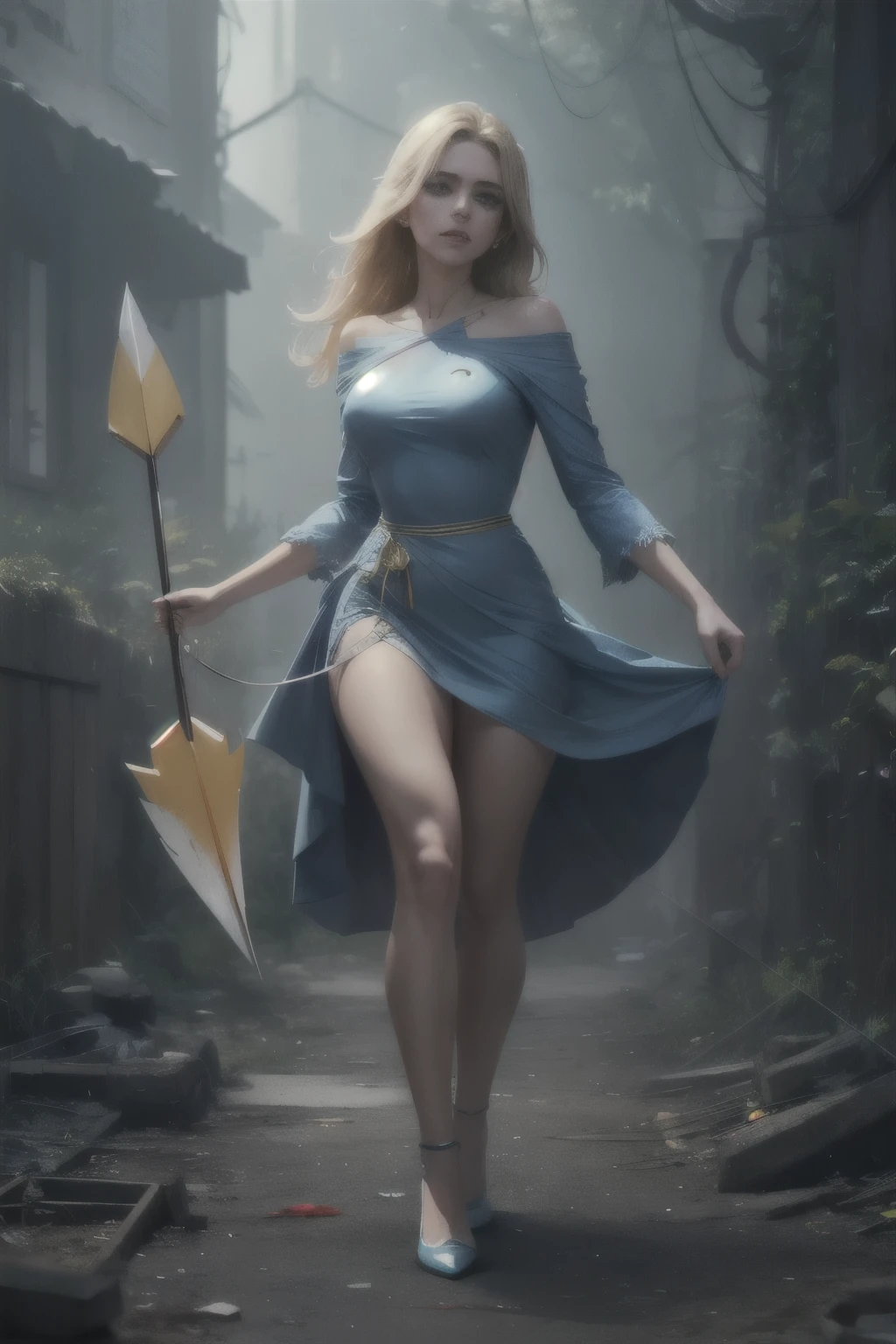 Beautiful blonde woman with a thick and long arrow stuck in her heart, Bleeding, Woman in blue and white dress, scarring,
 full body, Cinematic shot, hyperealistic, ultra details