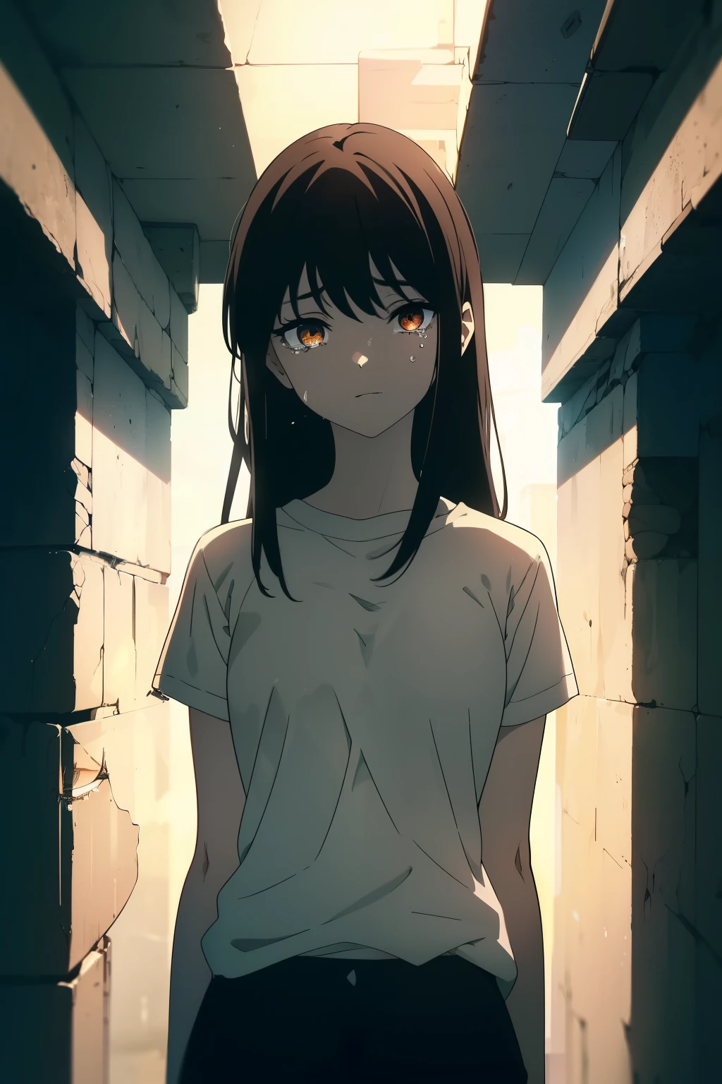 ((((Obra maestra, La mejor calidad, ultrahigh resolution)))), 1girl, standing, (tears in eyes), (baggy white t-shirt, loose fitting blue shorts), (((lack hair, dark black hair over eye:1))), long hair cut, pale skin, ((brown eyes)), glowing_eyes, neon eyes, (ultra detailed eyes:0.7, beautiful and detailed face, detailed eyes:0.9), ((centered)), smile, ((wide shot)), facing viewer, ((vibrant background, bright lighting, summer, sunlight)), flat chested, looking at viewer, ((half closed eyes)), ((perfect hands)), (((head:1, arms, hips in view, elbows, arms, in view))), ((hands behind back)), empty eyes, beautiful lighting, outside, outdoors, background, defined subject, 25 years old, head tilt, (((cool looking)))