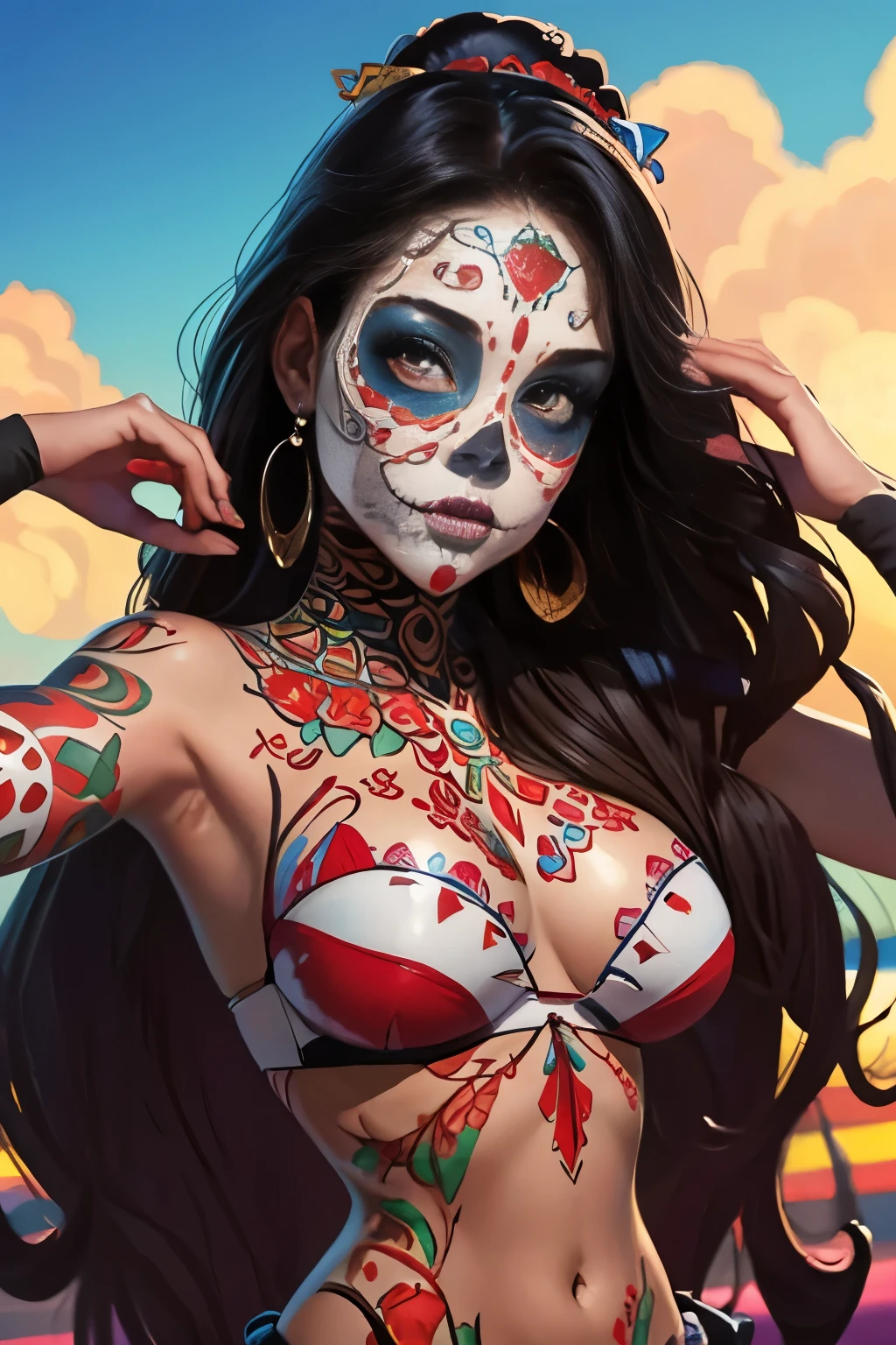 beautiful Mexican girl, stunning face, half body shot, J Scott Campbell style, 8k, ultra sharp, skull makeup