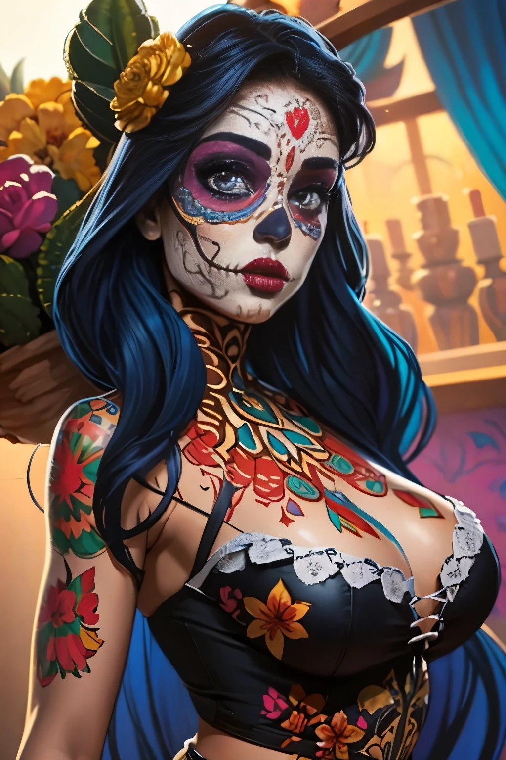 beautiful Mexican girl, stunning face, half body shot, J Scott Campbell style, 8k, ultra sharp, skull makeup