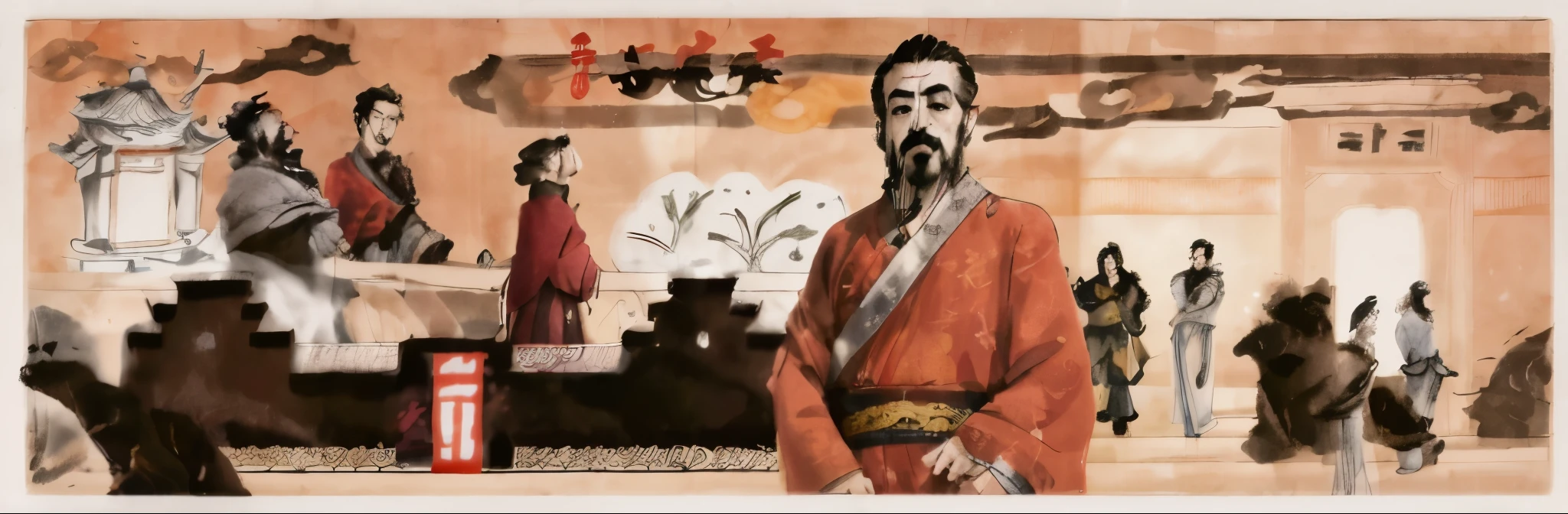 A picture of a man in a robe standing in front of a wall, full page illustration, inspired by Dong Yuan, inspired by Yang Buzhi, inspired by Guan Daosheng, confucius and jury trial, Linear plot, Inspired by Lu Zhi, Inspired by Zhang Sengyao, Inspired by Yang Weizhen, Inspired by Guo Xi