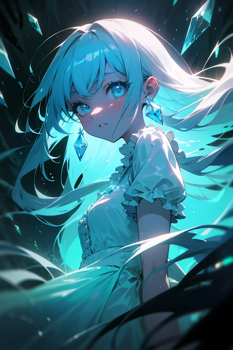 masterpiece, highest quality, 4k, high quality, insane details, illustration, 1girl, white long hair, light blue eyes, frilly dress, forest, dark atmosphere, mystical, perfect body, perfect face, beautiful eyes, bioluminescence, bioluminescent water shining through her dress, shiny, translucent, volumetric lighting, crystal earrings