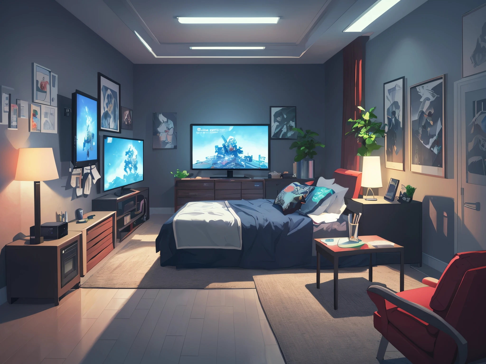 (masterpiece), (best illustration),(no humans), anime background, gaming bedroom, television with large computer, ring lighting , rim lighting,(extremely detailed CG unity 8k wallpaper),(masterpiece), (best quality), (vaporwave style), (ultra-detailed), (best illustration),(best shadow),perfect lighting , perfect anatomy , vivid colors,