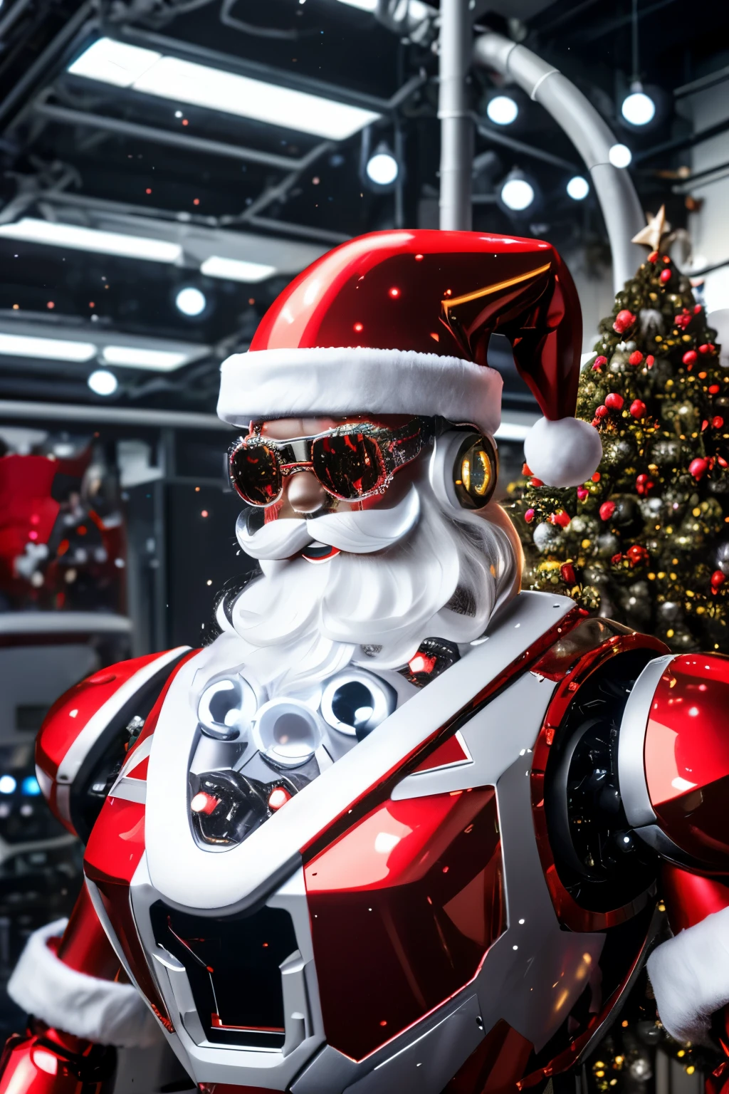 Robot Santa, Futuristic mechanical design，Combining elements of traditional Santa Claus with advanced technology. The robot may have a sleek metal body, Illuminated LED light, and a robotic arm that can efficiently distribute gifts.. It could have a digital display on its face，Imitate Santa&#39;s expression of joy and kindness. The scene can be set in a high-tech workshop full of automated machinery and conveyor belts, Robot Santa is busy preparing and sorting gifts for delivery. This futuristic twist on the traditional Santa Claus blends the magic of Christmas with the innovations of modern technology.