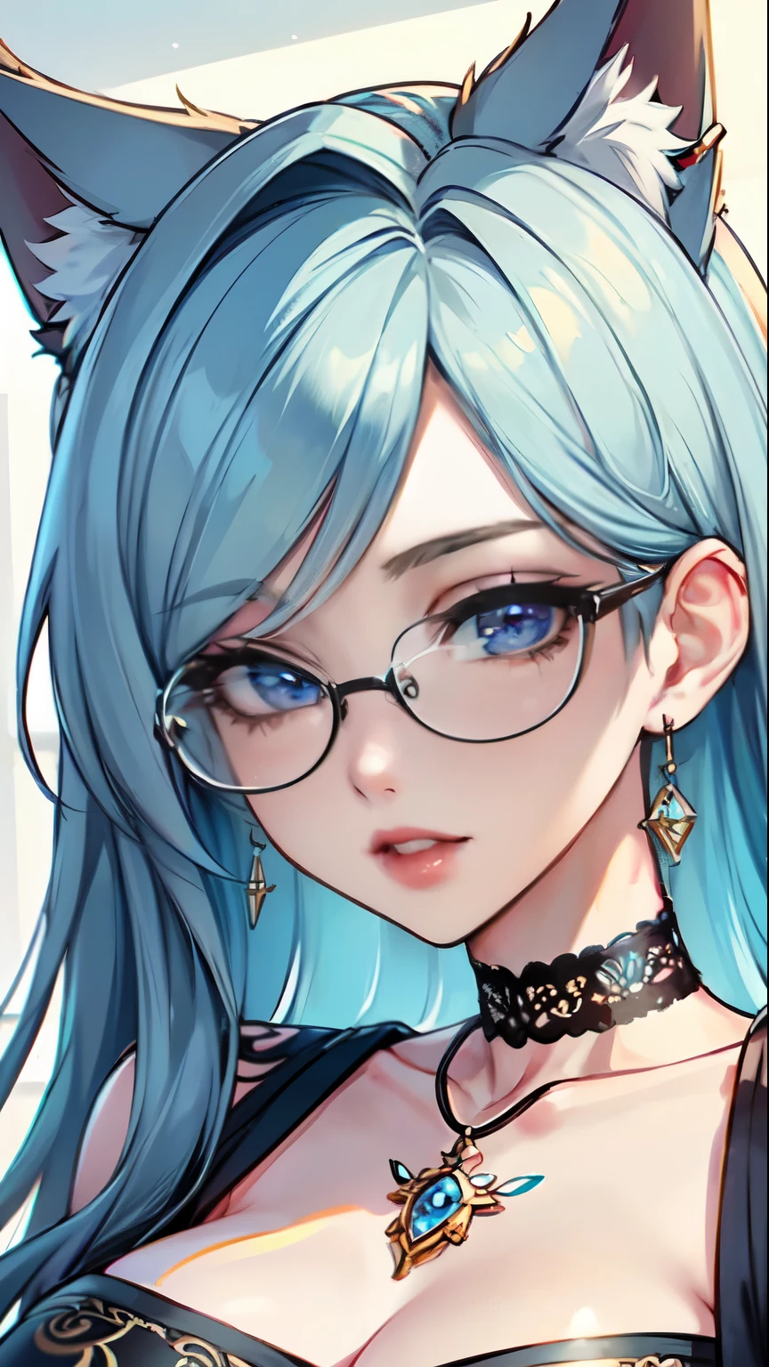 Masterpiece, beautiful art, professional artist, 8k, art style by sciamano240, very detailed face, very detailed hair, 1girl, perfectly drawn body, beautiful face, long hair, light blue hair , very detailed blue vertical cat eyes, pouty lips , rosey cheeks, intricate details in eyes, close up on face, looking straight at viewer, leather bra, in love with viewer expression , black choker, cheerful smile, milf, square glasses, light make up , wedding ring , lipstick, wink