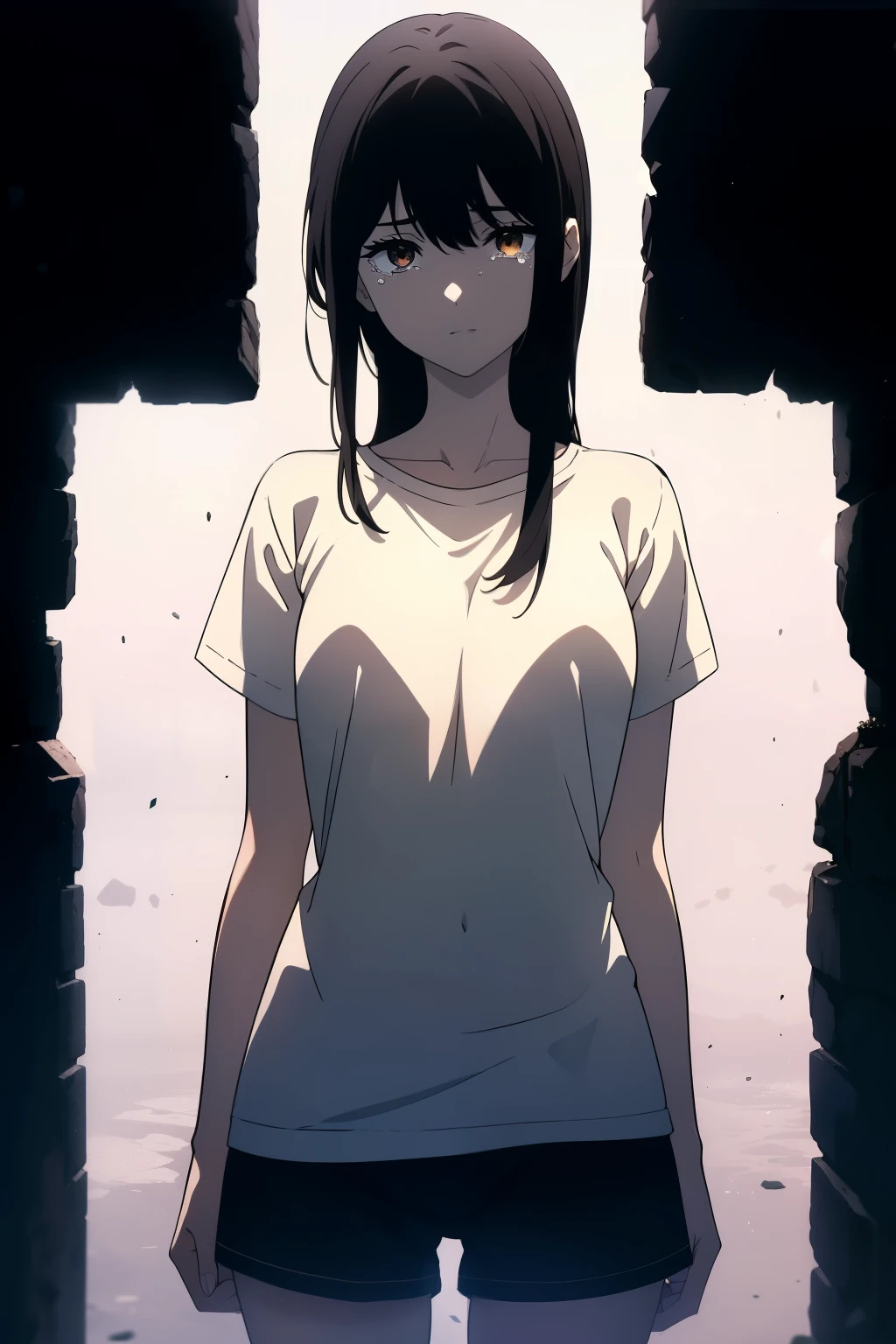 ((((Obra maestra, La mejor calidad, ultrahigh resolution)))), 1girl, standing, ((tears streaming down face)), (baggy white t-shirt, loose fitting blue shorts), (((lack hair, dark black hair over eye:1))), long hair cut, pale skin, ((brown eyes)), glowing_eyes, neon eyes, (ultra detailed eyes:0.7, beautiful and detailed face, detailed eyes:0.9), ((centered)), smile, ((wide shot)), facing viewer, ((vibrant background, bright lighting, summer, sunlight)), flat chested, looking at viewer, ((half closed eyes)), ((perfect hands)), (((head:1, arms, hips in view, elbows, arms, in view))), ((hands behind back)), empty eyes, beautiful lighting, outside, outdoors, background, defined subject, 25 years old, head tilt, (((cool looking)))