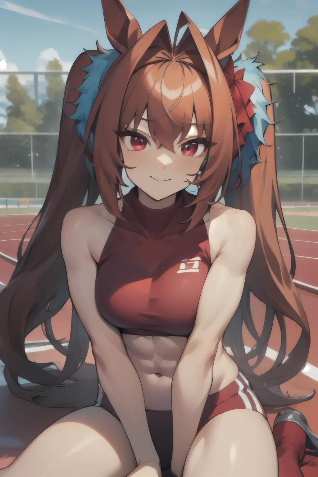 daiwa scarlet\(umamusume\), ((ultra-detailed face)), beautiful face, masterpiece, best quality, muscular, rikujou, horse tail, large tits, front, smile, abs, athletics track, hand between legs, closed mouth