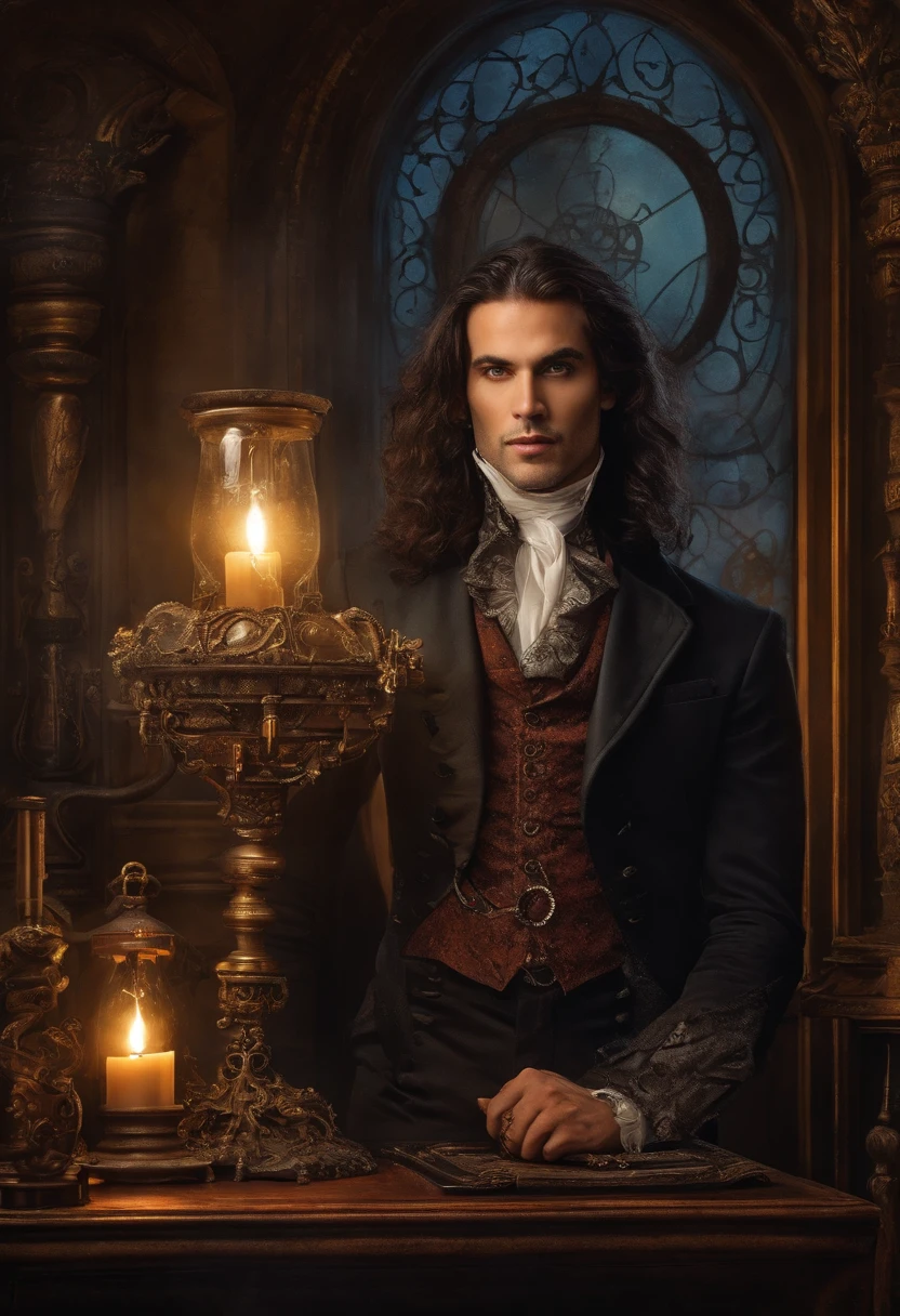 ((Painting of a male vampire with long hair)), ((Hypnotic beauty man)), ((beautiful and sexy man)), sexy and masculine body, strong and hot, looking at the camera, ((Victorian era style )), (( in a room with moonlight coming through the window)). Night scene with full moon, dynamic lighting, in the dark, deep shadow, sexy and hot, vivid colors, Victorian Era Style, Digital fantasy portrait, Stylish digital painting, fantasy portrait art, fantasy portrait, digital art painting, UHD 4K, beautiful fantasy portrait