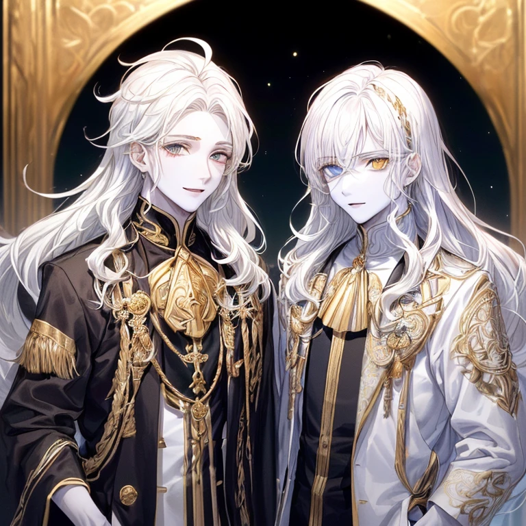 s de duas idades, (((twins))), ((They are identical twins))), (corpo magro), (((peito achatado))), ((orelhas pontudas)), (((Both have white skin))), ((Pele de Porcelana)), ((marble skin)), (((de pele branca))), (((pele branca))), ((very pale skin)), (((olhos com olhos pretos))), ((their eye color is black)), (((their hair color is white))), (((Their skin color is white))), (((both boys have white hair))), (((They both have white hair))), (((both boys have very long hair))), (((their hair is very long and wavy))), (((cabelo poofy))), (cabelos fofos), (((estilo haintasy ondulado))), (vestindo longas vestes de fantasia), (vestido longo), ((vestindo roupas semelhantes e vestes de trabalho), (renda cor de ouro), (Christian Inspiration), ((fantasy patterns in magical clothing patterns)), luz quente, dentro de um templo de fantasia, ((both boys have identical hair)), (((both boys have identical faces))), ((the two boys are extremely similar)), encoberto, Star decoration, sun moon decoration, (((both boys have marble white skin))), (((both boys are de pele branca))), ((they both have cute faces)), They're smiling