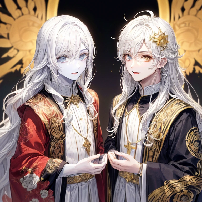 young man and a girl, twins, (((male))), (slim body), (((flat chest))), (((white colored skin))), (porcelain skin), (marble skin), (((both arewhite-skinned))), (((white skin))), (((black colored eyes))), ((black eyes)), (((white colored hair))), ((white hair)), ((long hair)), ((poofy hair)), fluffy hair, (wavy hair), (((fantasy style))), wearing fantasy robes, flowy robes, ((wearing similar clothes)), ((matching robes)), ((identical hair)), ((similar faces)), (gold colored lace), (christian inspired), ((fantasy patterns on clothes)), ((magical patterns)), warm light falling down from above, inside a fantasy temple, identical twins