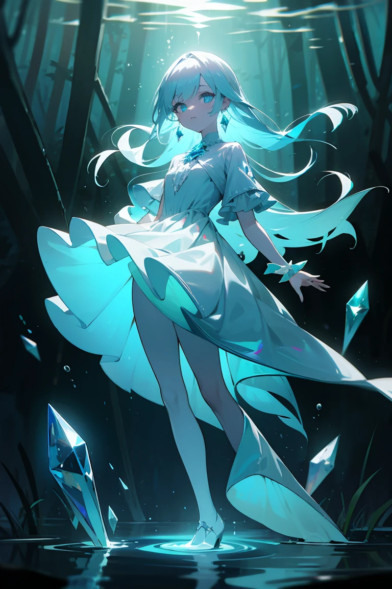 masterpiece, highest quality, 4k, high quality, insane details, illustration, 1girl, white long hair, light blue eyes, frilly dress, (forest), dark atmosphere, mystical, perfect body, perfect face, beautiful eyes, bioluminescence, bioluminescent water shining through her dress, shiny, translucent, volumetric lighting, crystal earrings, full body shot, aesthetic