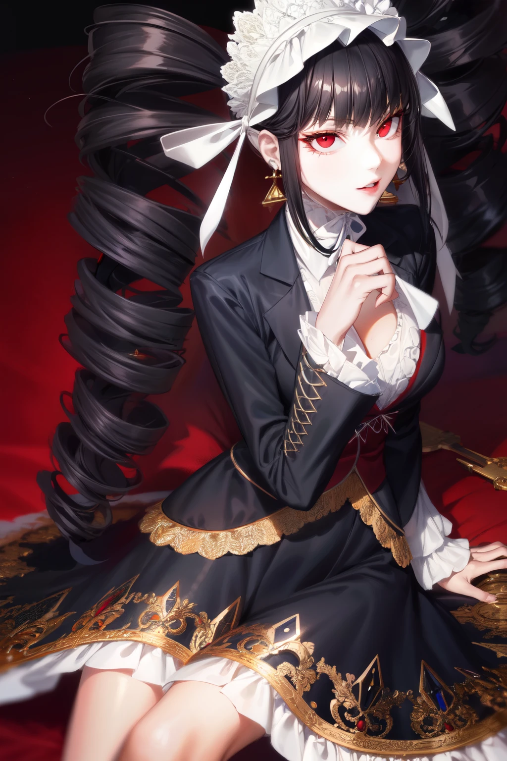 celestiadg, sitting, cleavage:1.2, crossed legs, sexy, cowboy shot, glowing eyes, black hair, bonnet, drill hair, earrings, long hair, (red eyes:1.5), twin drills, twintails, perfect eyes:1.2, detailed eyes:1.4, Ultra-realistic 8K CG, masterpiece, ((ultra-detailed background, delicate pattern, intricate details)), best quality, intricate details, 1girl, solo, (masterpiece:1.6, best quality)