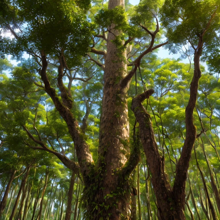 Tarzan Dourado, nascer do sol vermelho, Rocha marrom, pine trees
