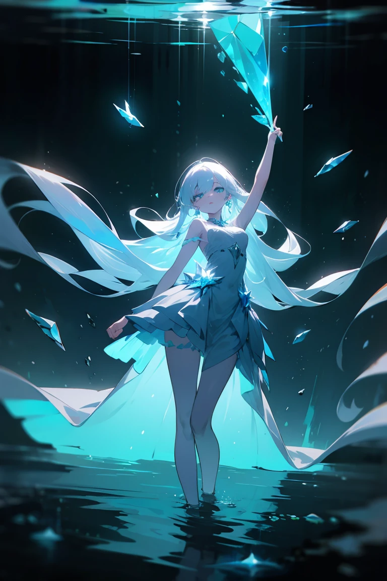masterpiece, highest quality, 4k, high quality, insane details, illustration, 1girl, white long hair, light blue eyes, frilly dresorest), dark atmosphere, mystical, perfect body, perfect face, beautiful eyes, bioluminescence, bioluminescent water shining through her dress, shiny, translucent, volumetric lighting, crystal earrings, full body shot, aesthetic