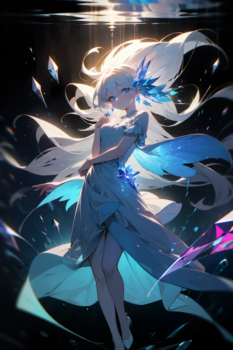 masterpiece, highest quality, 4k, high quality, insane details, illustration, 1girl, white long hair, light blue eyes, frilly dresorest), dark atmosphere, mystical, perfect body, perfect face, beautiful eyes, bioluminescence, bioluminescent water shining through her dress, shiny, translucent, volumetric lighting, crystal earrings, full body shot, aesthetic