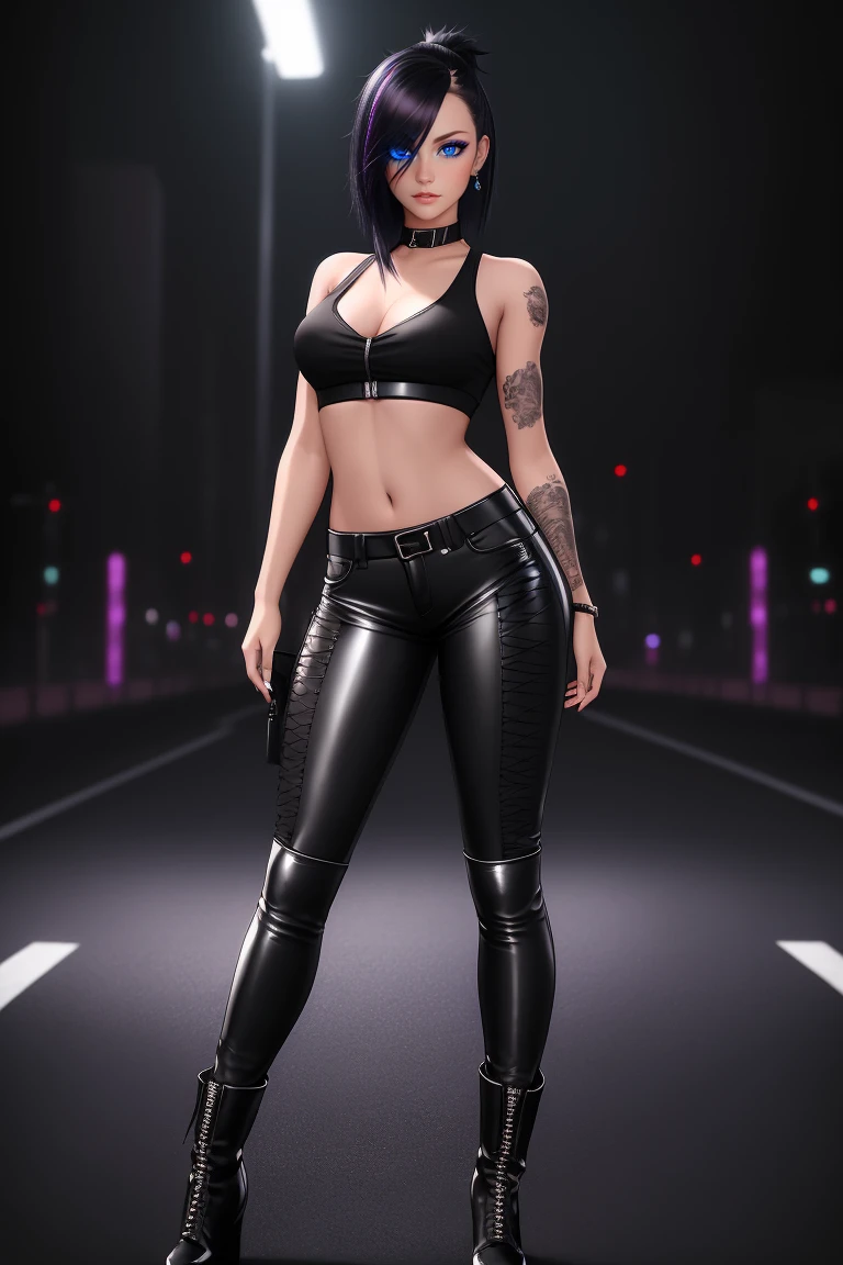 beautiful girl, ((standing:1.4)), (confident gaze:1.1), full body, short bright neon streaked black hair, ((realistic highly detailed eyes:1.4)), ((seductive pose:1.2)), black eyeshadow, (street style wear:1.2), ((tight fitted pants)), ((knee high leather boots)), (dark city night black background:1.4), dark makeup, digital art, trending on artstation, highly detailed, fine detail, intricate, detailed facial features, sharp focus, smooth, aesthetic,