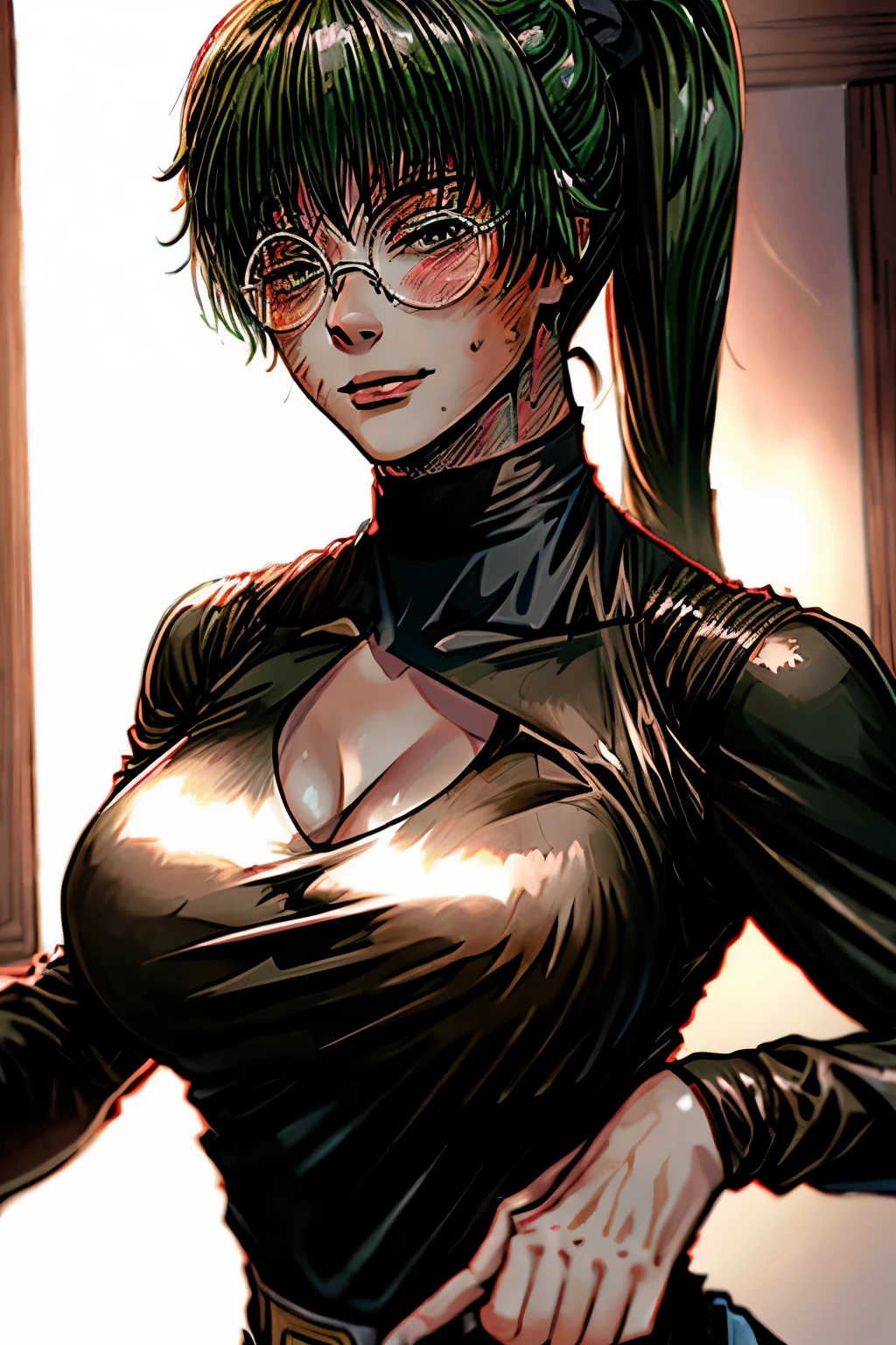 1girl,breasts,solo,glasses,cleavage,ponytail,smile,large breasts,looking at viewer,green hair,sweat,bangs,black hair,brown eyes,cleavage cutout,clothing cutout,long sleeves,indoors,blush,