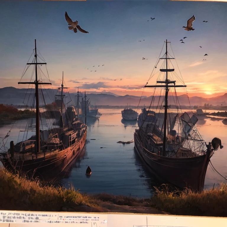 Autumn sunsets are incredibly beautiful(Sunset Landscape Painting),((The view is a huge sunset over the horizon)),(Conectado ao lago),((flying birds)),((Multiple Ships)),Tons de outono,(Chinese ink wash painting style),(masutepiece),(Very detailed image description),(Papel de parede 8k),(masterpaintings),(Noticeable light and shadow effects),(Traching de raias),(Obvious layers),(profundidade de campo de melhor qualidade),raio-ban