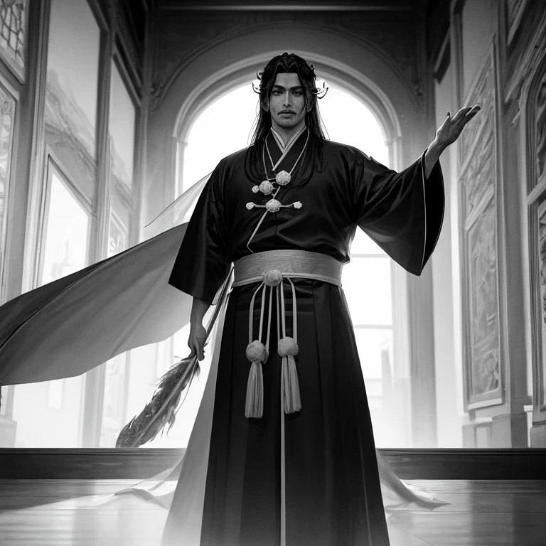 estilo da porcelana,中景 the scene is,The Taoist priest stood before a huge transparent dragon,Holding out your hands,long messy hair,efeito de brilho,hyper-realistic,Ultra foto realsisim,Chinese black and white ink style,prata,Discoloration,Mancha,Inky,8k,super-fino,alta qulidade,Renderizador OC