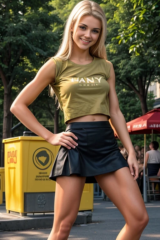 Woman, smiling, toned body, 21 years old , perfect body, fit body, perfect small breasts, perfect face, beautiful, (((pissing, piss, peeing, urine, urination, urinating))), (oversized tshirt, short skirt), (outdoor Restaurant, coffee, (crowded, crowd)), best quality,extremely detailed,soft light,soft shadows, soft backlighting,(best image,best quality:1.5)