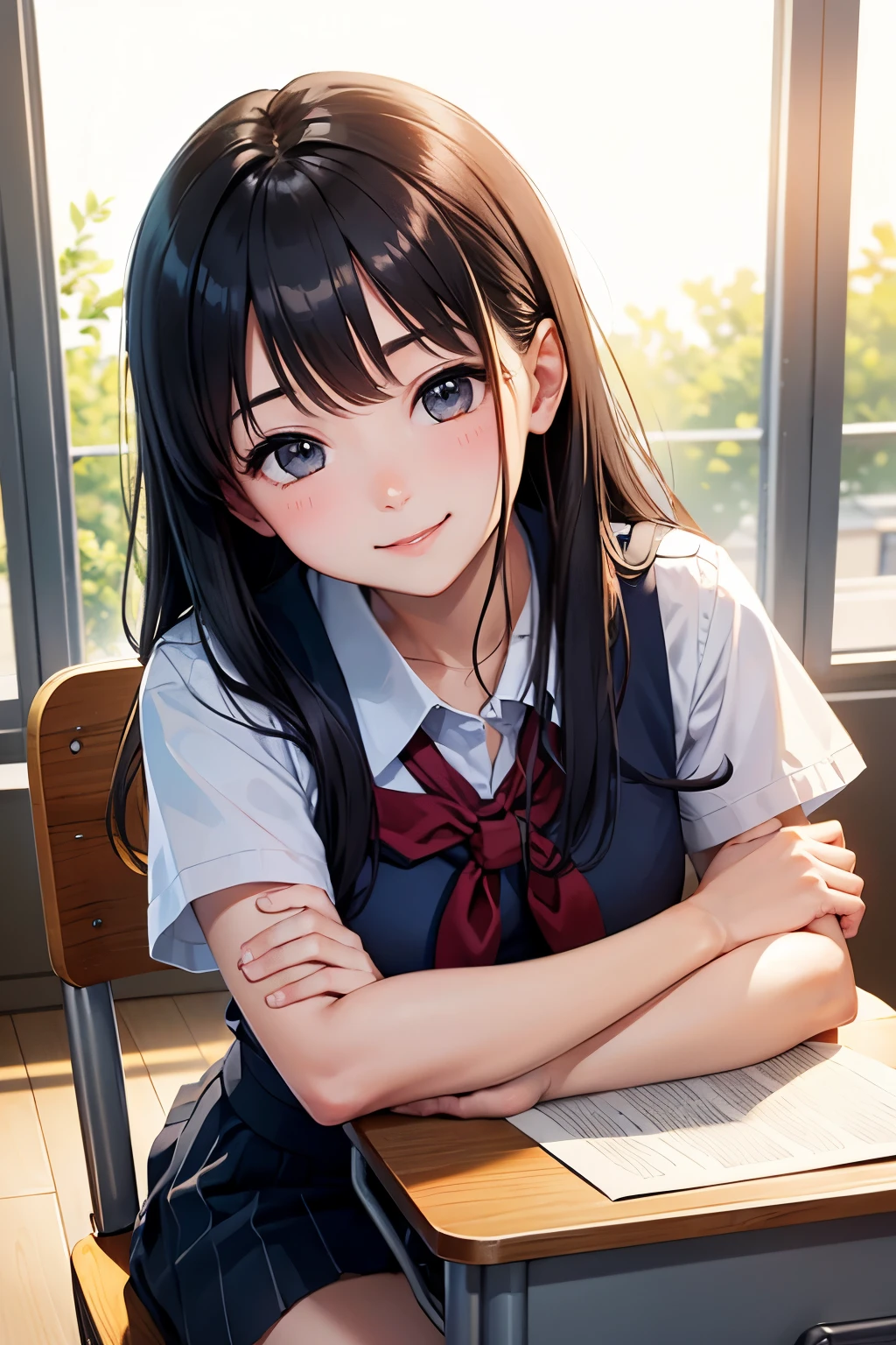 (High quality, High resolution, Fine details), Realistic, straddling chair, school, school uniform, solo, curvy women, sparkling eyes, (Detailed eyes), grin, blush, Sweat, Oily skin, shallow depth of field
