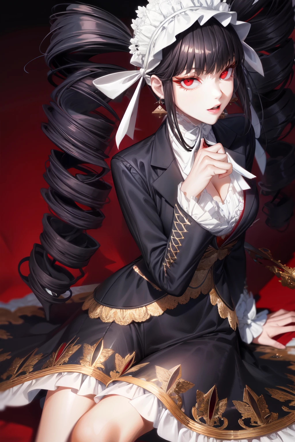 celestiadg, sitting, cleavage:1.2, crossed legs, sexy, cowboy shot, glowing eyes, black hair, bonnet, drill hair, earrings, long hair, (red eyes:1.5), twin drills, twintails, perfect eyes:1.2, detailed eyes:1.4, Ultra-realistic 8K CG, masterpiece, ((ultra-detailed background, delicate pattern, intricate details)), best quality, intricate details, 1girl, solo, (masterpiece:1.6, best quality)