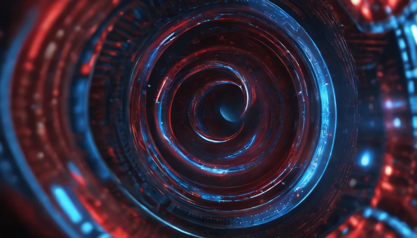 Capture a close-up shot of a red and blue blurred wormhole interface, showcasing the intricate details of swirling colors and futuristic graphical elements