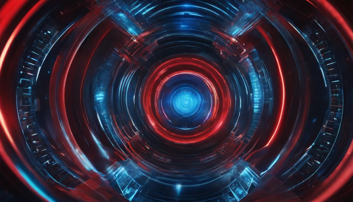 Capture a close-up shot of a red and blue blurred wormhole interface, showcasing the intricate details of swirling colors and futuristic graphical elements