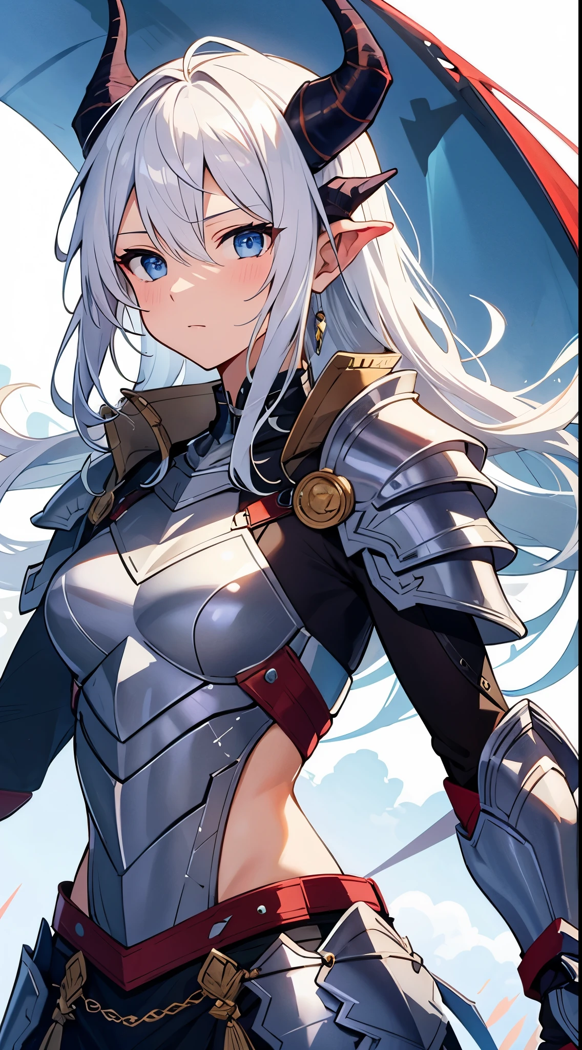 [masterpiece, ultra-detailed, best quality] white hair, blue eyes, tied-up hair, fit body, dynamic angle, engraved armor encampment, dragon horns, one broken horn, calm expression, spear, holding a spear, female